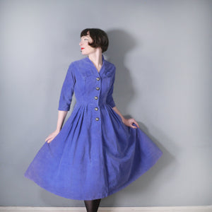 50s FULL SKIRTED BLUE CORDUROY BUTTONED DRESS - XS