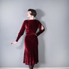 Load image into Gallery viewer, 30s SILKY DARK RED VELVET 30s DRESS WITH SLIT SLEEVES AND BELT - XS-S