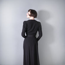 Load image into Gallery viewer, 30s 40s BLACK CREPE EVENING DRESS WITH BEADED PEPLUM AND LARGE BUCKLED BELT - M