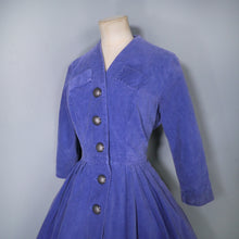 Load image into Gallery viewer, 50s FULL SKIRTED BLUE CORDUROY BUTTONED DRESS - XS