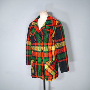 70s "BRADLEY" COLOURFUL YELLOW RED AND GREEN PLAID CHECK JACKET / PEA COAT - S-M