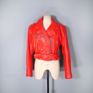 80s 90s "NICE" BRIGHT RED REAL LEATHER BIKER JACKET WITH SELF BELT - L-XL