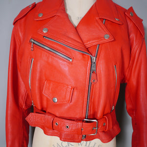 80s 90s "NICE" BRIGHT RED REAL LEATHER BIKER JACKET WITH SELF BELT - L-XL