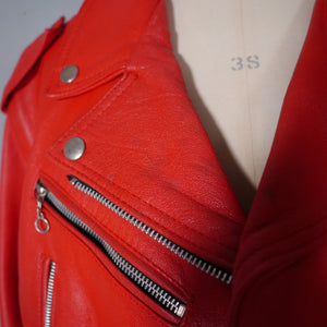 80s 90s "NICE" BRIGHT RED REAL LEATHER BIKER JACKET WITH SELF BELT - L-XL