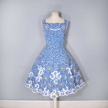 Load image into Gallery viewer, 50s BLUE WHITE SOUTACHE AND CUT OUT LACE FIT AND FLARE DRESS - M