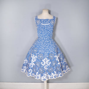 50s BLUE WHITE SOUTACHE AND CUT OUT LACE FIT AND FLARE DRESS - M