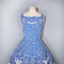 Load image into Gallery viewer, 50s BLUE WHITE SOUTACHE AND CUT OUT LACE FIT AND FLARE DRESS - M