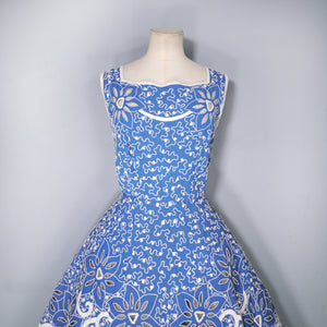 50s BLUE WHITE SOUTACHE AND CUT OUT LACE FIT AND FLARE DRESS - M