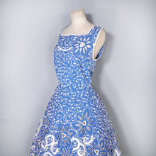 Load image into Gallery viewer, 50s BLUE WHITE SOUTACHE AND CUT OUT LACE FIT AND FLARE DRESS - M