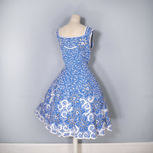 Load image into Gallery viewer, 50s BLUE WHITE SOUTACHE AND CUT OUT LACE FIT AND FLARE DRESS - M