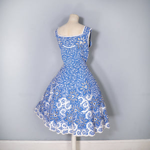 50s BLUE WHITE SOUTACHE AND CUT OUT LACE FIT AND FLARE DRESS - M