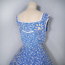 Load image into Gallery viewer, 50s BLUE WHITE SOUTACHE AND CUT OUT LACE FIT AND FLARE DRESS - M