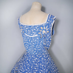 50s BLUE WHITE SOUTACHE AND CUT OUT LACE FIT AND FLARE DRESS - M