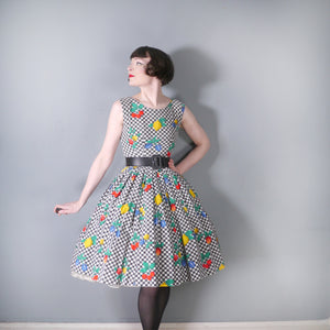 50s GINGHAM AND NOVELTY FRUIT PRINT MID CENTURY PICNIC DRESS - XS-S