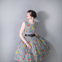Load image into Gallery viewer, 50s GINGHAM AND NOVELTY FRUIT PRINT MID CENTURY PICNIC DRESS - XS-S