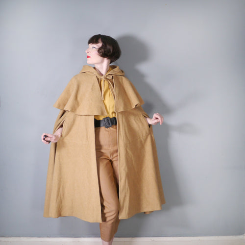 70s WALLIS LIGHT BROWN VICTORIAN STYLE TIERED WOOL CAPE COAT WITH HOOD - S-M