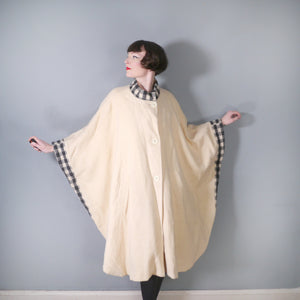 70s "EPSILON" CREAM WOOL CAPE / BLANKET COAT WITH GREY CHECK TRIM - ONE SIZE