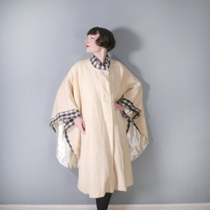 70s "EPSILON" CREAM WOOL CAPE / BLANKET COAT WITH GREY CHECK TRIM - ONE SIZE