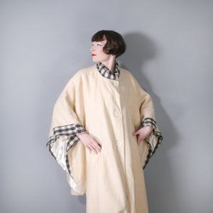 70s "EPSILON" CREAM WOOL CAPE / BLANKET COAT WITH GREY CHECK TRIM - ONE SIZE