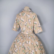 Load image into Gallery viewer, 50s DAISY PRINT BROWN STRIPED FULL SKIRTED SHIRT DRESS - S