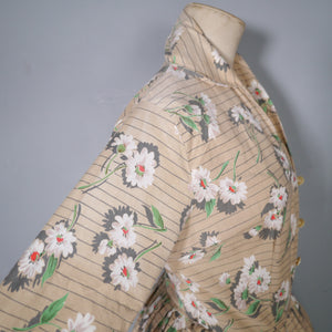 50s DAISY PRINT BROWN STRIPED FULL SKIRTED SHIRT DRESS - S