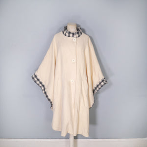 70s "EPSILON" CREAM WOOL CAPE / BLANKET COAT WITH GREY CHECK TRIM - ONE SIZE