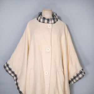 70s "EPSILON" CREAM WOOL CAPE / BLANKET COAT WITH GREY CHECK TRIM - ONE SIZE