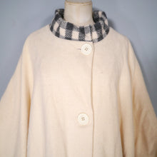 Load image into Gallery viewer, 70s &quot;EPSILON&quot; CREAM WOOL CAPE / BLANKET COAT WITH GREY CHECK TRIM - ONE SIZE