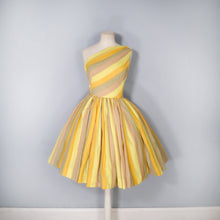 Load image into Gallery viewer, 60s ONE SHOULDER YELLOW STRIPE FULL SKIRTED DRESS - XS