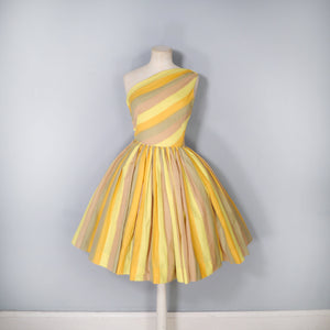 60s ONE SHOULDER YELLOW STRIPE FULL SKIRTED DRESS - XS