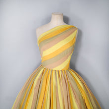 Load image into Gallery viewer, 60s ONE SHOULDER YELLOW STRIPE FULL SKIRTED DRESS - XS