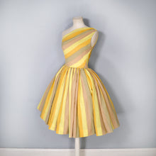 Load image into Gallery viewer, 60s ONE SHOULDER YELLOW STRIPE FULL SKIRTED DRESS - XS