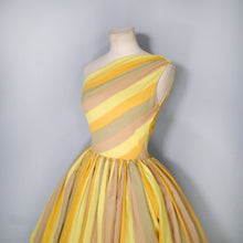 Load image into Gallery viewer, 60s ONE SHOULDER YELLOW STRIPE FULL SKIRTED DRESS - XS