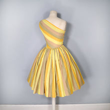 Load image into Gallery viewer, 60s ONE SHOULDER YELLOW STRIPE FULL SKIRTED DRESS - XS