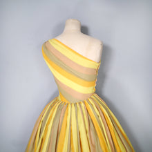 Load image into Gallery viewer, 60s ONE SHOULDER YELLOW STRIPE FULL SKIRTED DRESS - XS