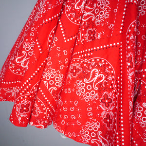 50s DORIS DEB RED PAISLEY HANKERCHIEF PRINT CIRCLE SKIRT DAY DRESS - XS / PETITE