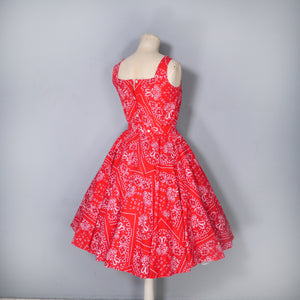 50s DORIS DEB RED PAISLEY HANKERCHIEF PRINT CIRCLE SKIRT DAY DRESS - XS / PETITE