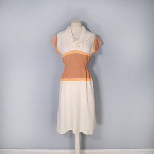 40s 50s CREAM BROWN AND ORANGE COLOURBLOCK STRIPE DRESS - XS-S