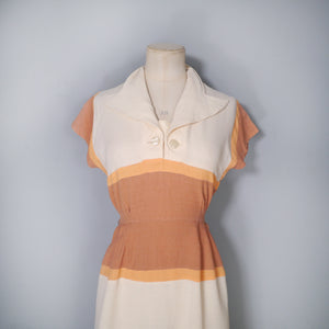 40s 50s CREAM BROWN AND ORANGE COLOURBLOCK STRIPE DRESS - XS-S