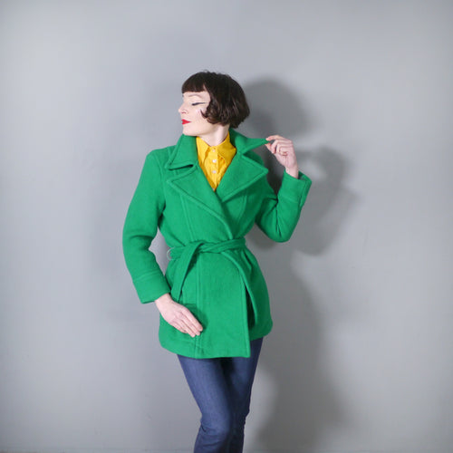 70s ST MICHAEL BRIGHT GREEN WOOL WRAP COAT WITH BELT - M