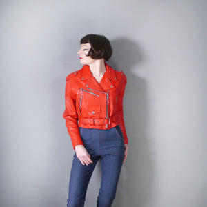 80s 90s "NICE" BRIGHT RED REAL LEATHER BIKER JACKET WITH SELF BELT - L-XL