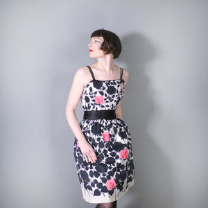 60s JR FLAIR BLACK AND PINK ROSE SILHOUETTE PRINT COCKTAIL DRESS - XS