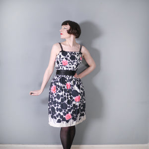 60s JR FLAIR BLACK AND PINK ROSE SILHOUETTE PRINT COCKTAIL DRESS - XS