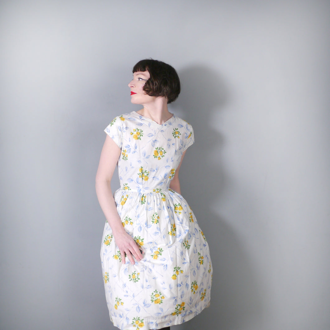 HANDMADE 50s COTTON DAY DRESS IN SUMMERY YELLOW ROSE FLORAL PRINT - S
