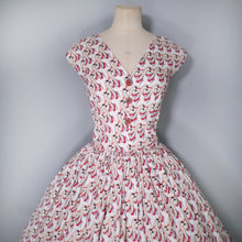 Load image into Gallery viewer, 50s STYLE NOVELTY 1973 JANE WEALLEANS LEG AND HIGH HEELS PRINT FULL SKIRTED DRESS - M