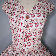 Load image into Gallery viewer, 50s STYLE NOVELTY 1973 JANE WEALLEANS LEG AND HIGH HEELS PRINT FULL SKIRTED DRESS - M