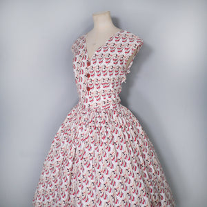 50s STYLE NOVELTY 1973 JANE WEALLEANS LEG AND HIGH HEELS PRINT FULL SKIRTED DRESS - M