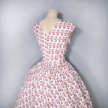 Load image into Gallery viewer, 50s STYLE NOVELTY 1973 JANE WEELEANS LEG AND HIGH HEELS PRINT FULL SKIRTED DRESS - M