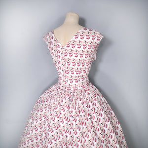 50s STYLE NOVELTY 1973 JANE WEELEANS LEG AND HIGH HEELS PRINT FULL SKIRTED DRESS - M