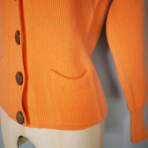 60s LIGHT ORANGE RIB KNIT V-NECK COLLEGE CARDIGAN - S